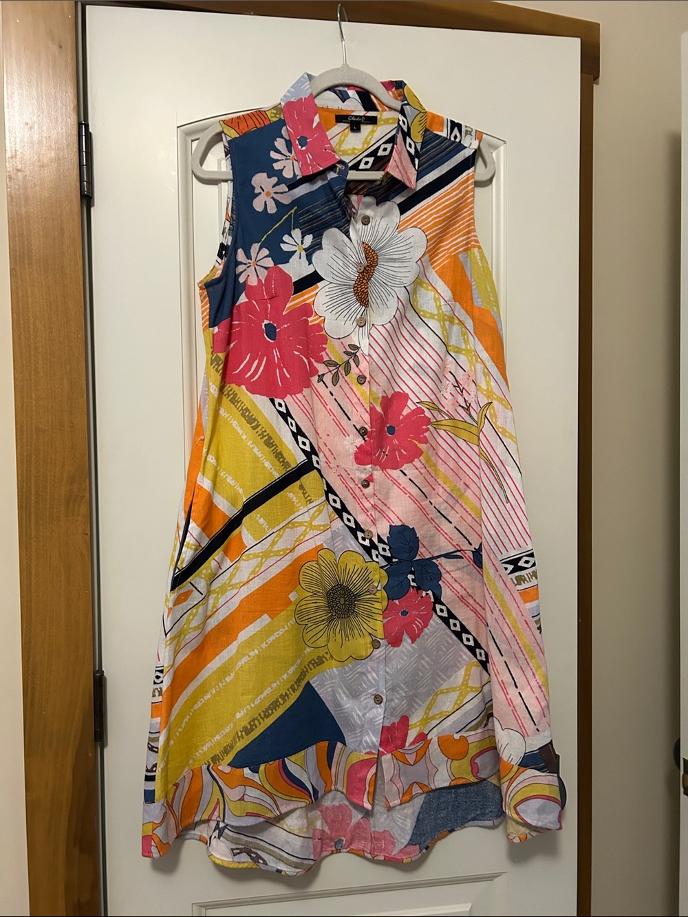 CHARLIE B Sleeveless Collared Floral Midi Shirt Dress Pink, Yellow, Navy & White